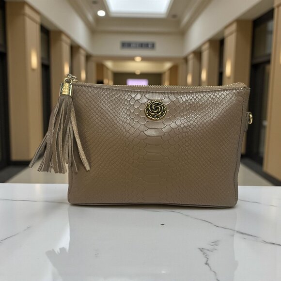 GiGi New York Hailey Crossbody Bag Taupe Python Embossed Leather Tassel Clutch - Picture 1 of 9